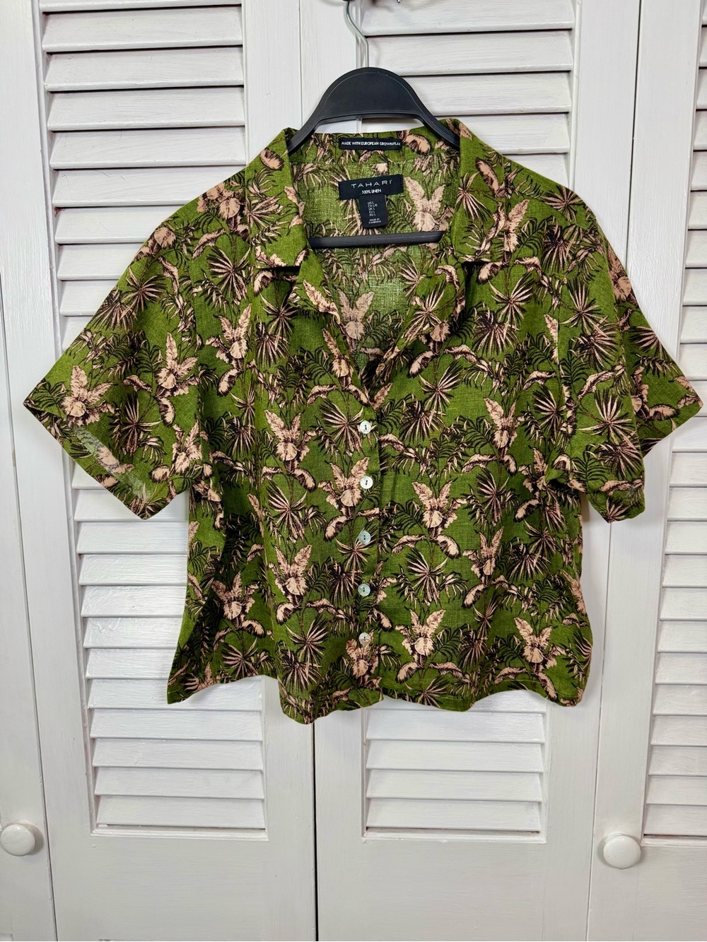 Tahari Women’s Green Linen Tropical Bohemian Print Button-Down Shirt Size Large